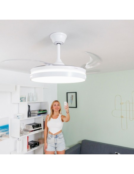 Ventilateur de Plafond avec LED, Haut-parleur et 4 Pales Rétractables Notefan InnovaGoods Blanc 36 W Ø49,5-104 cm
